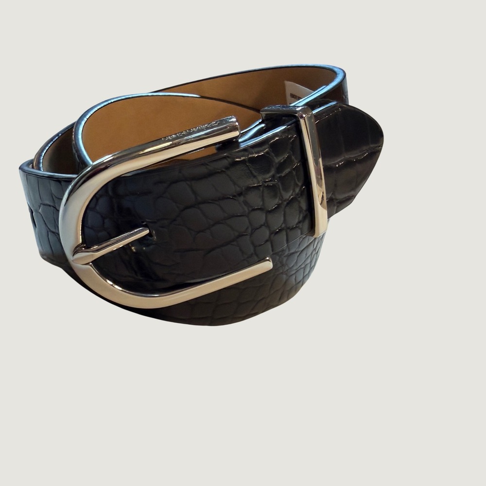 Calvin Klein Black Croc Emboss Faux Leather Belt Women Size Small Silver Buckle